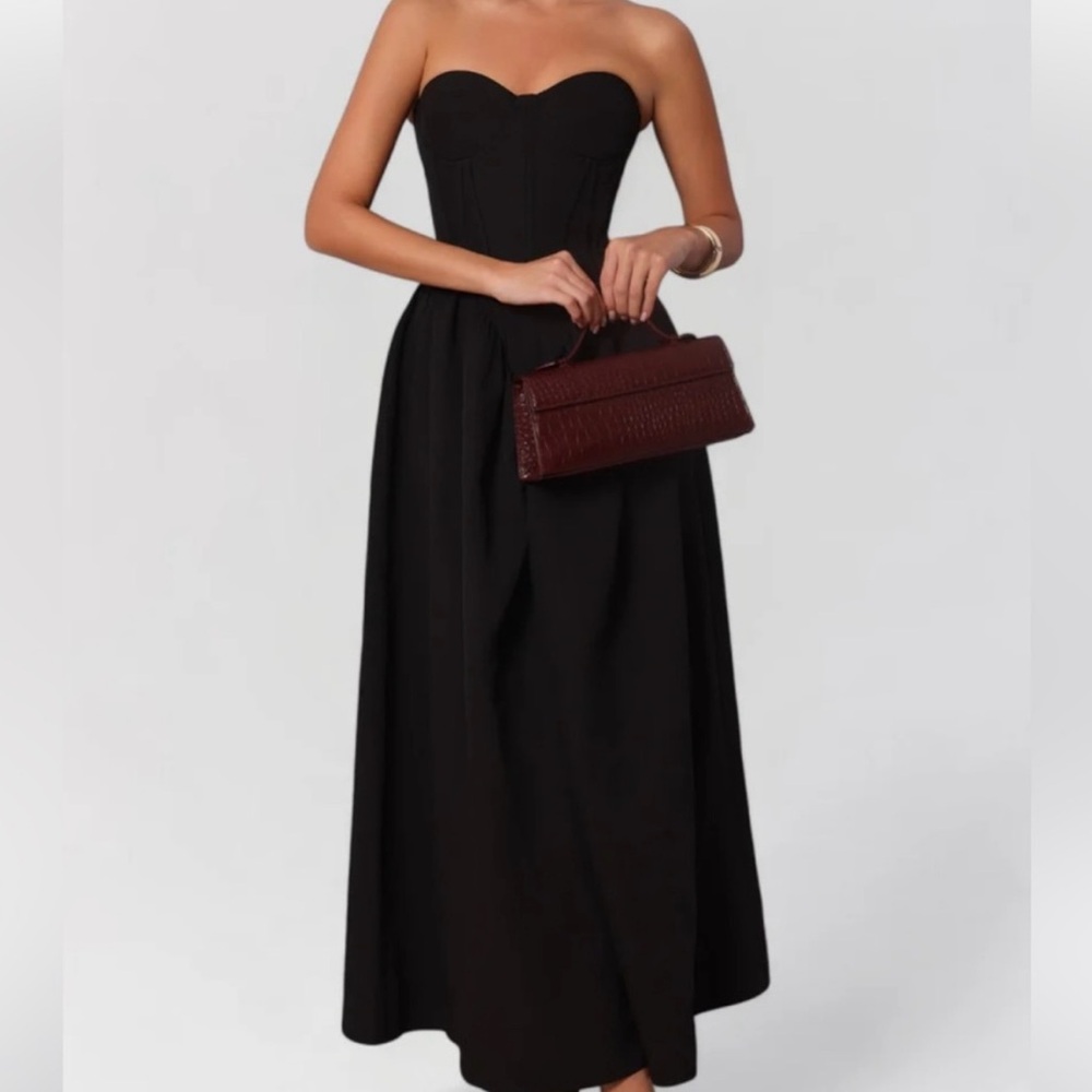 BLACK STRAPLESS CORSET COTTON POPLIN MAXI DRESS